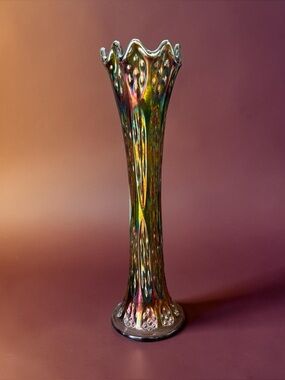 Antique Northwood Green Carnival Glass Tree Trunk Swung Vase 12.25" - Pristine